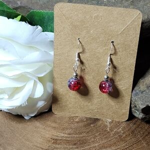 Hand Crafted Dangle Earrings With Red And Blue Crackled Glass And Silver Accents